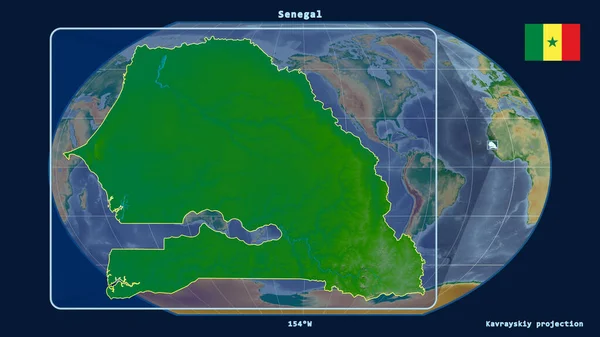 Zoomed-in view of Senegal outline with perspective lines against a global map in the Kavrayskiy projection. Shape on the left side. color physical map