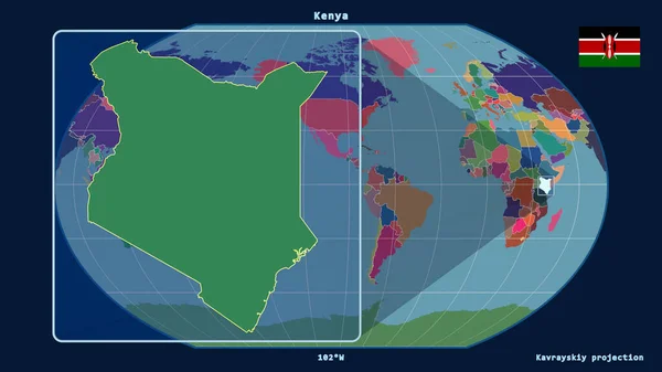 以透视线与Kavrayskiy投影中的全球地图对齐的肯尼亚缩放视图 在左边的形状 行政区划的彩色地图 — 图库照片