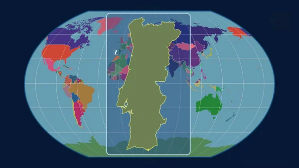 Zoomed-in view of Portugal outline with perspective lines against a global map in the Kavrayskiy projection. Shape centered. color map of administrative divisions