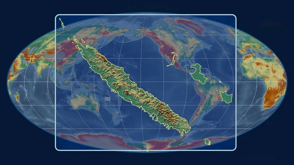 Zoomed View New Caledonia Outline Perspective Lines Global Map Mollweide — Stock Photo, Image