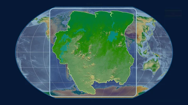 Přiblížený Pohled Obrys Surinamu Perspektivními Liniemi Proti Globální Mapě Projekci — Stock fotografie