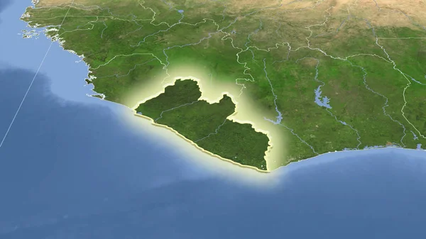 利比里亚及其邻国 遥远的斜向透视 形状闪闪发光 卫星图像 — 图库照片
