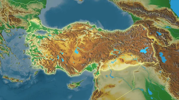 Stereografik projeksiyondaki topoğrafik yardım haritasında Türkiye bölgesi - ışık saçan ana hatlı raster tabakalarının ham bileşimi