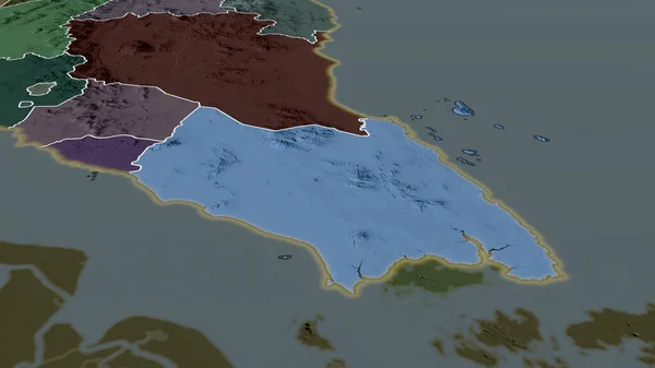 Johor - state of Malaysia zoomed and highlighted. Colored and bumped map of the administrative division. 3D rendering