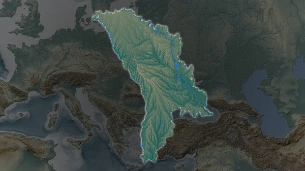 Moldova Area Enlarged Glowed Darkened Background Its Surroundings Relief Map — Stock Photo, Image