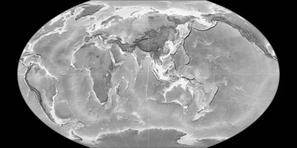 ウィンケル トリペル投影の世界地図は 東経90度を中心としています グレースケール標高地図 グレースケールとラスターの生の複合体 3Dイラスト — ストック写真
