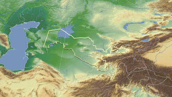 Uzbekistán Vecindario Perspectiva Oblicua Distante Forma Delineada Mapa Físico Color — Foto de Stock