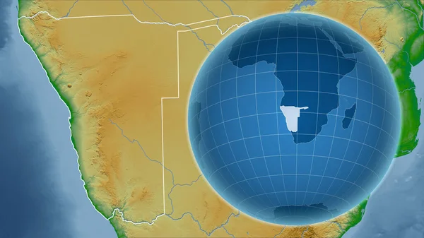Namibia. Globe with the shape of the country against zoomed map with its outline. color physical map