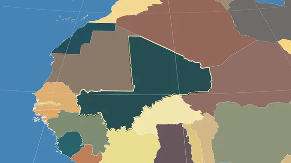 Мали Окрестности Далекая Косвенная Перспектива Очерченная Форма Цветная Карта Административных — стоковое фото