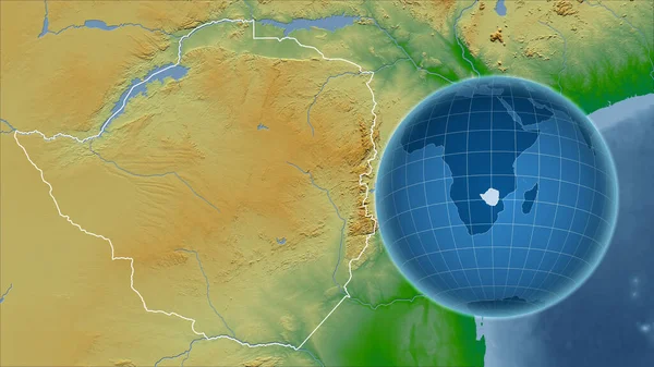 ジンバブエ アウトラインを持つ拡大地図に対して国の形を持つグローブ 色物理図 — ストック写真
