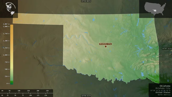 Oklahoma, state of United States. Colored shader data with lakes and rivers. Shape presented against its country area with informative overlays. 3D rendering