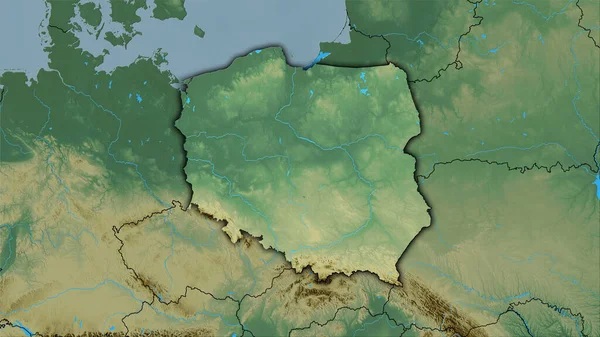 Poland area on the topographic relief map in the stereographic projection - raw composition of raster layers with dark glowing outline