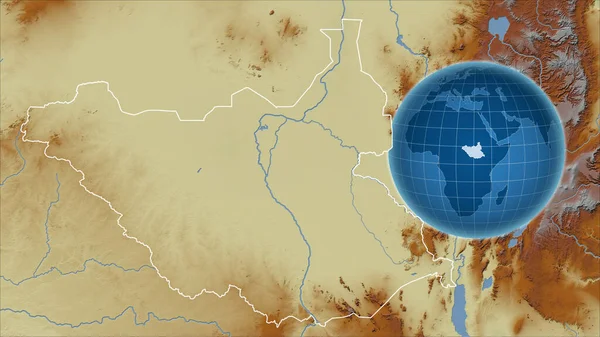 南スーダン アウトラインを持つ拡大地図に対して国の形を持つグローブ 地形図によると — ストック写真
