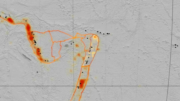 Mollweide予測の世界的なグレースケールの標高マップ上で概説されたトンガ地殻プレート 3Dレンダリング — ストック写真