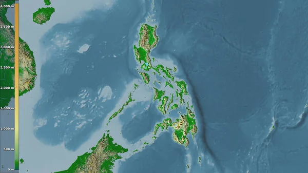 Physical map within the Philippines area in the stereographic projection with legend - raw composition of raster layers
