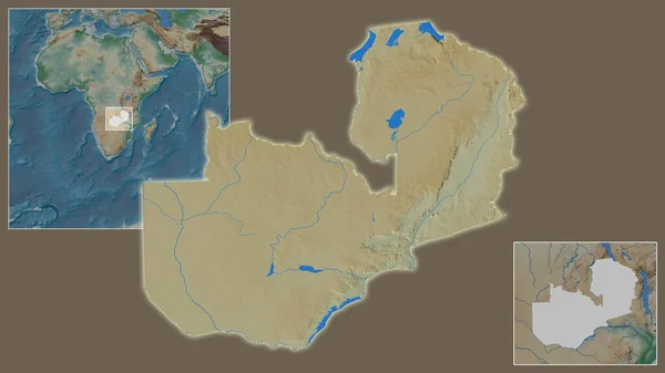 Detailní Záběr Zambii Její Umístění Regionu Středu Rozsáhlé Mapy Světa — Stock fotografie