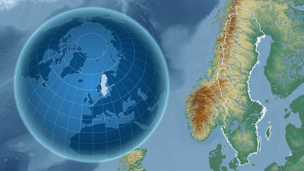 スウェーデンだ アウトラインを持つ拡大地図に対して国の形を持つグローブ 地形図によると — ストック写真