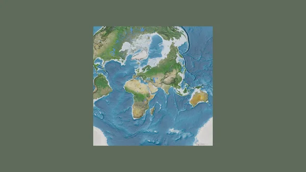 クウェートの領土を中心に斜めのヴァン グリンテン投影で世界の大規模な地図の正方形のフレーム 衛星画像 — ストック写真