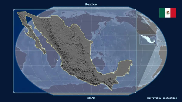 Zoomed-in view of Mexico outline with perspective lines against a global map in the Kavrayskiy projection. Shape on the left side. grayscale elevation map