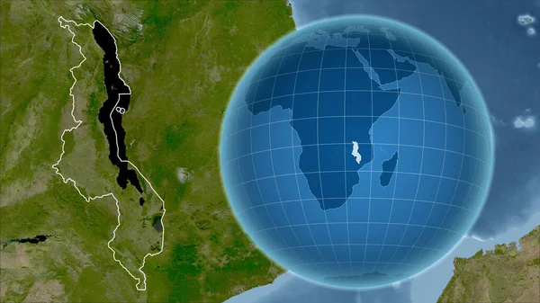 Malawi Globo Con Forma Del Paese Contro Mappa Ingrandita Con — Foto Stock