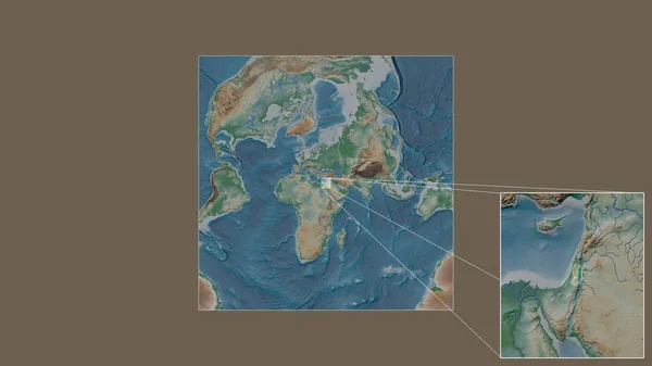 世界の大規模な地図から抽出されたパレスチナの拡大拡大領域と枠の隅を結ぶ主要な線で 地図の色 — ストック写真