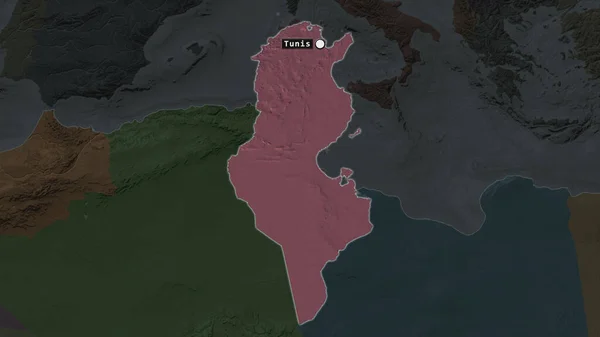 Выделенная Область Туниса Столицей Меткой Обезвоженной Карте Окрестностей Цветная Карта — стоковое фото