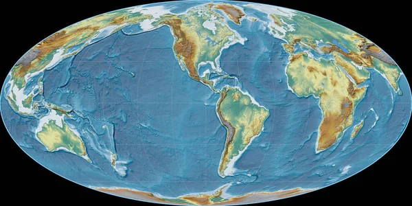 Mapa Świata Projekcji Mollweide Skupiona Zachodniej Długości Geograficznej Topograficzna Mapa — Zdjęcie stockowe