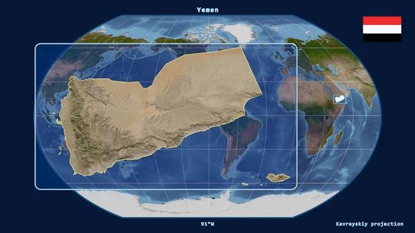 Zoomed-in view of Yemen outline with perspective lines against a global map in the Kavrayskiy projection. Shape on the left side. satellite imagery