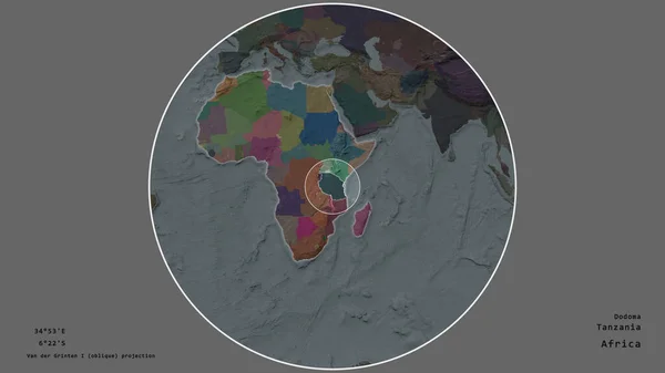 Teren Tanzanii Oznaczony Okręgiem Dużej Mapie Kontynentu Odizolowanym Pustynnym Tle — Zdjęcie stockowe