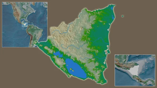 ニカラグアのクローズアップとその地域と大規模な世界地図の中心部に位置しています 地図の色 — ストック写真