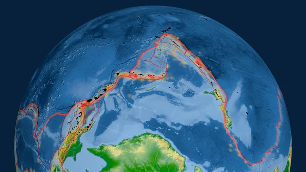 Placca Tettonica Del Pacifico Delineata Sul Globo Mappa Fisica Colori — Foto Stock