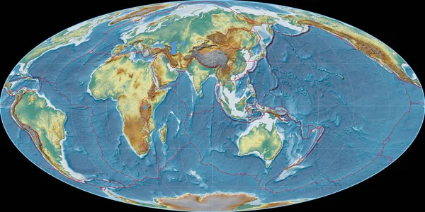 Světová Mapa Mollweidově Projekci Soustřeďuje Východní Délky Topografická Reliéfní Mapa — Stock fotografie