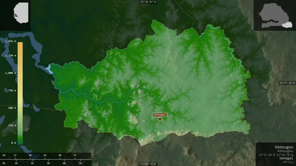 Kedougou 塞内加尔地区 湖泊和河流的彩色阴影数据 以信息覆盖的形式呈现在其国家区域上 3D渲染 — 图库照片