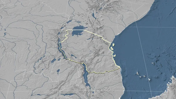 Tanzania Its Neighborhood Distant Oblique Perspective Shape Outlined Grayscale Elevation — Stock Photo, Image