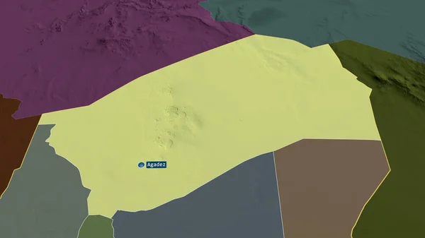 Agadez Departamento Níger Ampliado Destacado Con Capital Mapa Coloreado Tocado — Foto de Stock