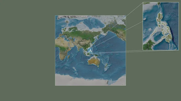 世界の大規模な地図から抽出されたフィリピンの拡大拡大領域と フレームの隅を結ぶ主要線 衛星画像 — ストック写真