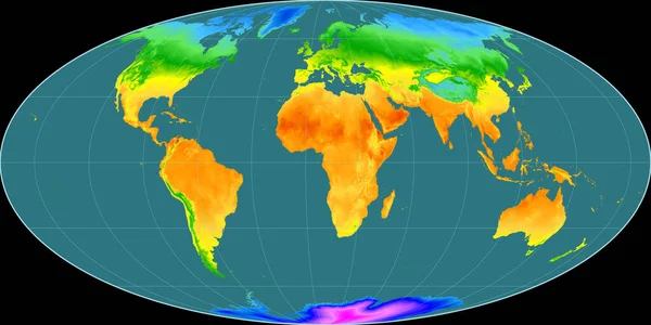 摩尔魏德投影中的世界地图以东经11度为中心 平均年温度图 具有满意性能的栅格原料复合材料 3D插图 — 图库照片