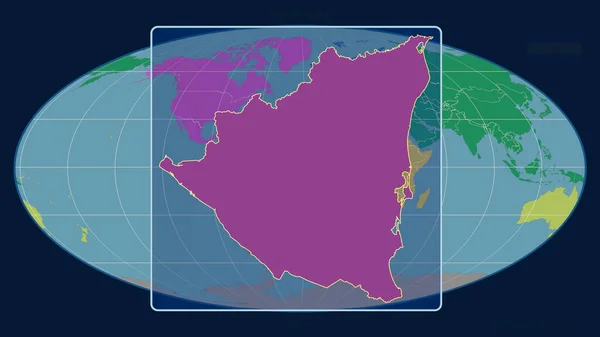 ニカラグアのアウトラインを視野線で拡大し モルルワイド予測の世界地図に対して 形を中心に 大陸のカラーマップ — ストック写真