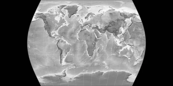 Weltkarte Times Atlas Projektion Zentriert Auf Östliche Längengrade Graustufen Höhenkarte — Stockfoto