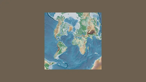 Square frame of the large-scale map of the world in an oblique Van der Grinten projection centered on the territory of Western Sahara. Color physical map