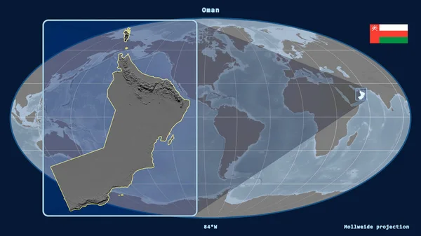 Увеличенный Вид Омана Перспективными Линиями Против Глобальной Карты Проекции Моллвейда — стоковое фото