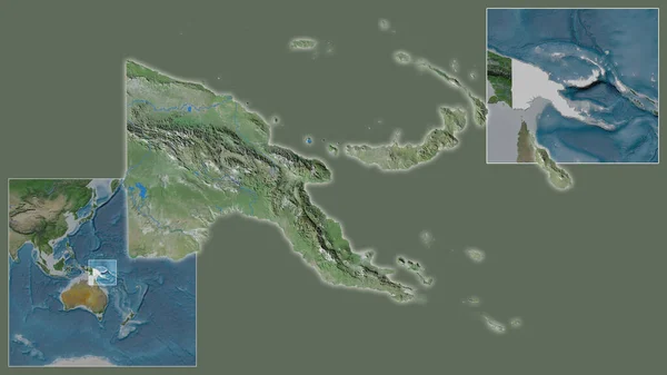 密切关注巴布亚及其在该地区的位置 以及在一个大比例尺世界地图中心的位置 卫星图像 — 图库照片