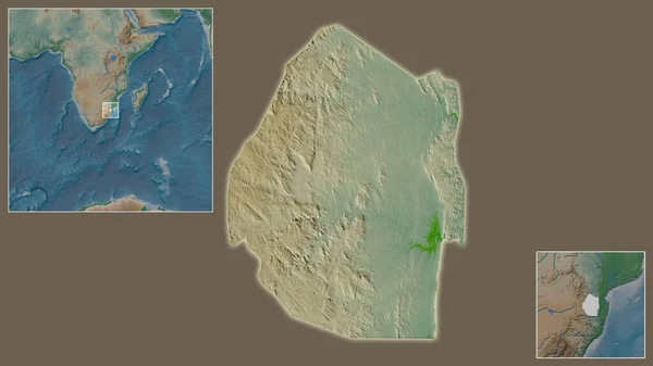 斯威士兰的近景及其在该区域的位置 以及在大比例尺世界地图中心的位置 彩色物理图 — 图库照片