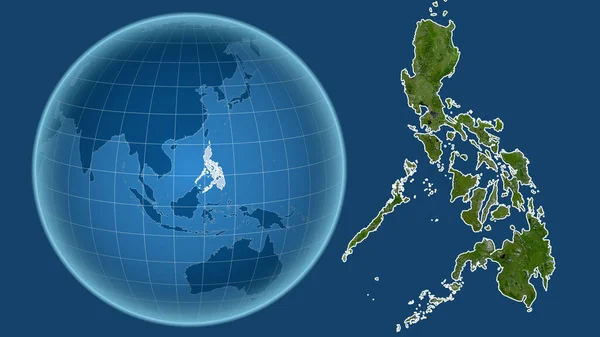 Philippines. Globe with the shape of the country against zoomed map with its outline isolated on the blue background. satellite imagery