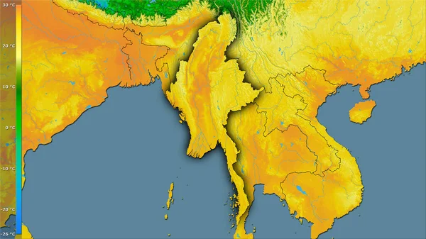 ミャンマー地域内で最も暖かい四半期の平均気温は 伝説との立体投影 暗い輝く輪郭を持つラスター層の生の組成 — ストック写真