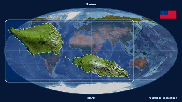 Zoomed Widok Samoa Zarys Linii Perspektywy Wobec Globalnej Mapy Projekcji — Zdjęcie stockowe