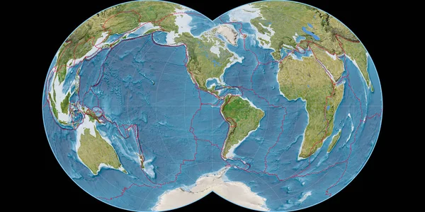 西の経度90を中心としたモーラー グローバル プロジェクションの世界地図 衛星画像B 格子プレートと地殻プレートの境界とラスターの複合体 3Dイラスト — ストック写真