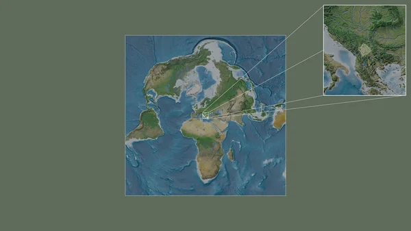从世界大比例尺地图中提取出的科索沃扩大和扩大的地区 其主要界线连接了框架的各个角落 卫星图像 — 图库照片