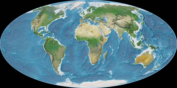 Mapa Świata Projekcji Mollweide Skupiona Wschodniej Długości Geograficznej Zdjęcia Satelitarne — Zdjęcie stockowe