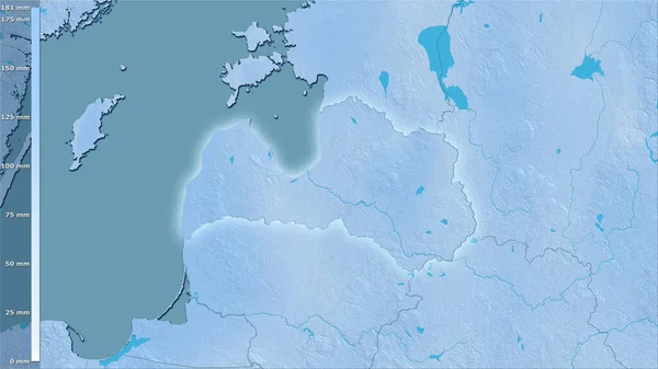 拉脱维亚地区内最寒冷的地区在立体投影中的降水量 明亮轮廓的光栅层的原始成分 — 图库照片